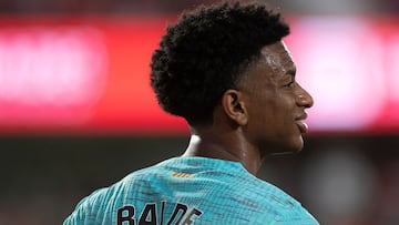 Barcelona's Spanish defender #03 Alejandro Balde reacts during the Spanish league football match between Granada FC and FC Barcelona at the Nuevo Estadio de Los Carmenes in Granada on October 8, 2023. (Photo by JORGE GUERRERO / AFP)