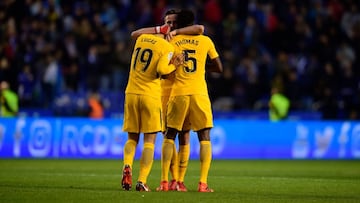 Sa&uacute;l, Lucas Hern&aacute;ndez y Thomas celebran un gol del Atl&eacute;tico.