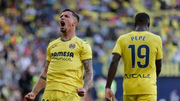 VILLARREAL, 27/04/2025.- El centrocampista del Villarreal Yeremy Pino celebra su gol ante el Espanyol durante el partido de Liga que disputan este domingo en el estadio La Cerámica de Villarreal. EFE/ Manuel Bruque