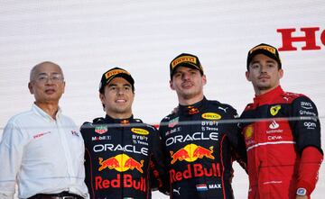 SUZUKA, JAPAN - OCTOBER 09: Max Verstappen (NED) of team Red Bull wins the world championship celebrate on podium during Race ahead of the F1 Grand Prix of Japan at Suzuka International Racing Course on October 09, 2022 in Suzuka, Japan. (Photo by Mark Peterson ATPImages/Getty Images)