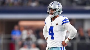ARLINGTON, TEXAS - SEPTEMBER 22: Quarterback Dak Prescott #4 of the Dallas Cowboys looks on against the Baltimore Ravens during the second quarter at AT&T Stadium on September 22, 2024 in Arlington, Texas.   Sam Hodde/Getty Images/AFP (Photo by Sam Hodde / GETTY IMAGES NORTH AMERICA / Getty Images via AFP)