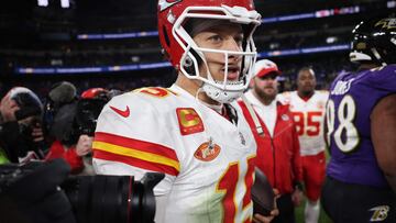 BALTIMORE, MARYLAND - JANUARY 28: Patrick Mahomes #15 of the Kansas City Chiefs reacts after a 17-10 victory against the Baltimore Ravens in the AFC Championship Game at M&T Bank Stadium on January 28, 2024 in Baltimore, Maryland.   Patrick Smith/Getty Images/AFP (Photo by Patrick Smith / GETTY IMAGES NORTH AMERICA / Getty Images via AFP)