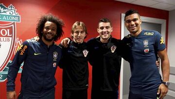 Marcelo, Modric, Kovacic y Casemiro, ayer en Anfield.