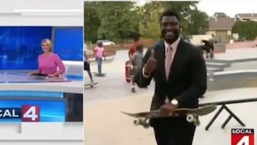 Un reportero levanta el puño en señal de aprobación con su tabla de skate en un skatepark de Detroit.
