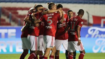 Soccer Football - Copa Libertadores - Quarter final - Second Leg - Nacional v River Plate - Estadio Gran Parque Central/or Nacional, Montevideo, Uruguay - December 17, 2020 River Plate&#039;s Bruno Zuculini celebrates scoring their third goal with teammat