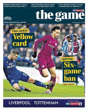 Portada del lunes 29 de enero de 2018 de &#039;The Game&#039;, cuadernillo de deportes que publica los lunes &#039;The Times&#039;.