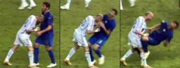 Secuencia del momento en que Zinedine Zidane golpea al italiano Marco Materazzi y el árbitro argentino Horacio Elizondo le muestra la tarjeta roja, durante el partido de la final del Mundial de Alemania. A pesar de este borrón al final de su carrera, Zizou fue elegido el mejor jugador del Mundial.