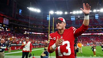 Dec 17, 2023; Glendale, Arizona, USA; San Francisco 49ers quarterback Brock Purdy (13) celebrates after beating the Arizona Cardinals at State Farm Stadium. Mandatory Credit: Mark J. Rebilas-USA TODAY Sports