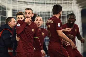 Roma's defender from Germany Antonio Rudiger (far right) celebrates