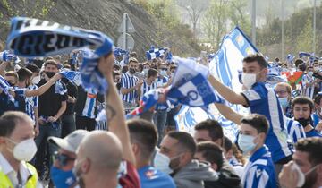 Real Sociedad fans cheer the team on their way down to Seville for the Copa del Rey final.