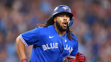 TORONTO, ON - JUNE 24: Vladimir Guerrero Jr. #27 of the Toronto Blue Jays reacts after hitting a two-run home run in the sixth inning against the Oakland Athletics at Rogers Centre on June 24, 2023 in Toronto, Ontario, Canada.   Vaughn Ridley/Getty Images/AFP (Photo by Vaughn Ridley / GETTY IMAGES NORTH AMERICA / Getty Images via AFP)