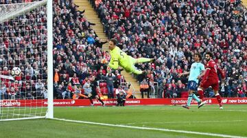 Number 30. Mohamed Salah beats Bournemouth's Asmir Begovic with a looping header at Anfield.