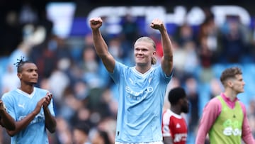 Manchester (United Kingdom), 23/09/2023.- Erling Haaland of Manchester City reacts after the English Premier League soccer match between Manchester City and Nottingham Forest in Manchester, Britain, 23 September 2023. (Reino Unido) EFE/EPA/ADAM VAUGHAN EDITORIAL USE ONLY. No use with unauthorized audio, video, data, fixture lists, club/league logos or 'live' services. Online in-match use limited to 120 images, no video emulation. No use in betting, games or single club/league/player publications.
