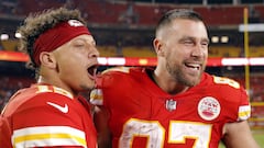 KANSAS CITY, MISSOURI - OCTOBER 10: Patrick Mahomes #15 and Travis Kelce #87 of the Kansas City Chiefs celebrate after the Chiefs defeated the Las Vegas Raiders 30-29 to win the game at Arrowhead Stadium on October 10, 2022 in Kansas City, Missouri.   David Eulitt/Getty Images/AFP