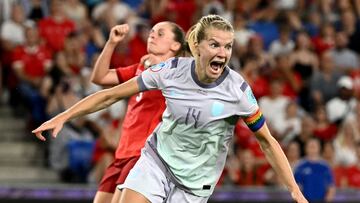Norway's forward #14 Ada Hegerberg reacts after scoring a goal during the UEFA Women's Euro 2025 Group A football match between Switzerland and Norway at the St Jakob-Park Stadium in Basel on July 2, 2025. (Photo by SEBASTIEN BOZON / AFP)