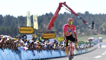 MENDE, FRANCE - JULY 16: Rigoberto Uran Uran of Colombia and Team EF Education - Easypost crosses the finishing line during the 109th Tour de France 2022, Stage 14 a 192,5km stage from Saint-Etienne to Mende 1009m / #TDF2022 / #WorldTour / on July 16, 2022 in Mende, France. (Photo by Tim de Waele/Getty Images)