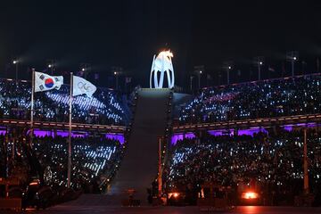 PYEONGCHANG-GUN, SOUTH KOREA - FEBRUARY 09:  The Olympic Cauldron is lit during the Opening Ceremony of the PyeongChang 2018 Winter Olympic Games at PyeongChang Olympic Stadium on February 9, 2018 in Pyeongchang-gun, South Korea.  (Photo by Matthias Hangs