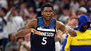 MINNEAPOLIS, MINNESOTA - MAY 08: Anthony Edwards #5 of the Minnesota Timberwolves celebrates his three-point basket against the Golden State Warriors in the first quarter of Game Two of the Western Conference Second Round NBA Playoffs at Target Center on May 08, 2025 in Minneapolis, Minnesota. NOTE TO USER: User expressly acknowledges and agrees that, by downloading and or using this photograph, User is consenting to the terms and conditions of the Getty Images License Agreement. David Berding/Getty Images/AFP (Photo by David Berding / GETTY IMAGES NORTH AMERICA / Getty Images via AFP)