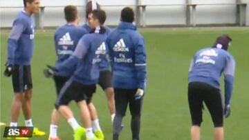 Excitable Cristiano Ronaldo humps Kovacic's leg in training