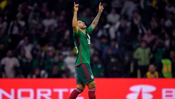 Mexico's Luis Chavez celebrates after scoring a goal during the Concacaf Nations League quarterfinals second leg football match between Honduras and Mexico at the Azteca stadium in Mexico City on November 21, 2023. (Photo by ALFREDO ESTRELLA / AFP)