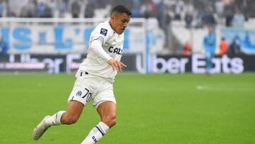 Marseille's Chilean forward Alexis Sanchez runs with the ball during the French L1 football match between Olympique Marseille (OM) and AC Ajaccio at Stade Velodrome in Marseille, southern France on October 8, 2022. (Photo by Sylvain THOMAS / AFP) (Photo by SYLVAIN THOMAS/AFP via Getty Images)