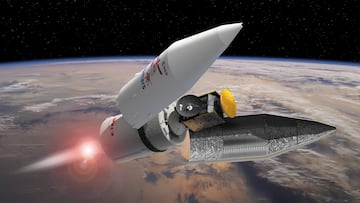 En esta imagen ilustrativa proporcionada por la Agencia Espacial Europea (ESA), la cofia del lanzador se separa durante la secuencia de lanzamiento de ExoMars 2016; se pueden ver el orbitador Trace Gas y el módulo demostrador de entrada, descenso y aterrizaje Schiaparelli mientras la cofia cae, el 10 de marzo de 2016 en Baikonur, Kazajistán.