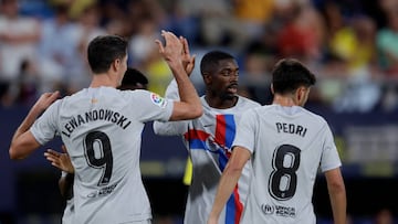 CADIZ, SPAIN - SEPTEMBER 10: Ousmane Dembele of FC Barcelona celebrates 4-0 with Pedri Gonzalez of FC Barcelona, Ansu Fati of FC Barcelona, Robert Lewandowski of FC Barcelona  during the La Liga Santander  match between Cadiz FC v FC Barcelona at the Nuevo Mirandilla on September 10, 2022 in Cadiz Spain (Photo by Eric Verhoeven/Soccrates/Getty Images)