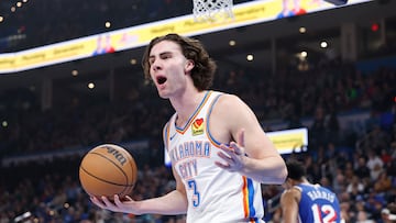 Nov 25, 2023; Oklahoma City, Oklahoma, USA; Oklahoma City Thunder guard Josh Giddey (3) reacts to an officials call during the first quarter against the Philadelphia 76ers at Paycom Center. Mandatory Credit: Alonzo Adams-USA TODAY Sports