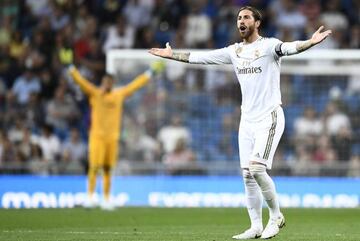 Real Madrid's Spanish defender Sergio Ramos gestures during the Spanish league football match between Real Madrid CF and CA Osasuna at the Santiago Bernabeu stadium in Madrid, on September 25, 2019.