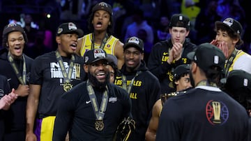 LAS VEGAS, NEVADA - DECEMBER 09: LeBron James #23 of the Los Angeles Lakers celebrates with the MVP trophy after winning the championship game of the inaugural NBA In-Season Tournament at T-Mobile Arena on December 09, 2023 in Las Vegas, Nevada. NOTE TO USER: User expressly acknowledges and agrees that, by downloading and or using this photograph, User is consenting to the terms and conditions of the Getty Images License Agreement.   Ethan Miller/Getty Images/AFP (Photo by Ethan Miller / GETTY IMAGES NORTH AMERICA / Getty Images via AFP)