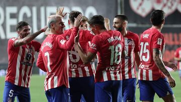 Atletico Madrid's Argentine defender #16 Nahuel Molina celebrates with teammates scoring his team third goal during the Spanish Liga football match between Rayo Vallecano de Madrid and Club Atletico de Madrid at the Vallecas stadium in Madrid on August 28, 2023. (Photo by Thomas COEX / AFP)