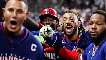 MIAMI, FLORIDA - MARCH 11: Fernando Tatis Jr. of the Dominican Republic celebrates with Geraldo Perdomo #2 after hitting a home run during the fourth inning against Venezuela at loanDepot park on March 11, 2026 in Miami, Florida. Carmen Mandato/Getty Images/AFP (Photo by Carmen Mandato / GETTY IMAGES NORTH AMERICA / Getty Images via AFP)