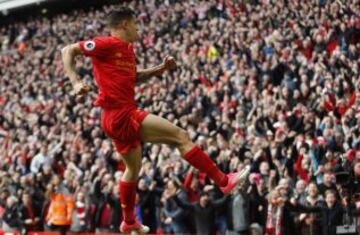 Britain Soccer Football - Liverpool v Everton - Premier League - Anfield - 1/4/17 Liverpool's Philippe Coutinho celebrates publications.  Please contact your account representative for further details.