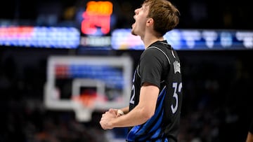 Nov 22, 2025; Dallas, Texas, USA; Dallas Mavericks forward Cooper Flagg (32) celebrates during the second quarter against the Memphis Grizzlies at the American Airlines Center. Mandatory Credit: Jerome Miron-Imagn Images