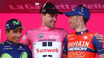 El podio del Giro. Dumoulin, Quintana y Nibali.