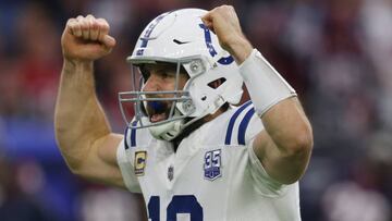 Jan 5, 2019; Houston, TX, USA; Indianapolis Colts quarterback Andrew Luck (12) celebrates after throwing a touchdown pass to wide receiver Dontrelle Inman (not pictured) against the Houston Texans in the second quarter in a AFC Wild Card playoff football game at NRG Stadium. Mandatory Credit: Thomas B. Shea-USA TODAY Sports