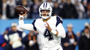 NASHVILLE, TENNESSEE - DECEMBER 29: Dak Prescott #4 of the Dallas Cowboys looks to throw a pass against the Tennessee Titans during the first quarter of the game at Nissan Stadium on December 29, 2022 in Nashville, Tennessee.   Wesley Hitt/Getty Images/AFP (Photo by Wesley Hitt / GETTY IMAGES NORTH AMERICA / Getty Images via AFP)