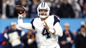 NASHVILLE, TENNESSEE - DECEMBER 29: Dak Prescott #4 of the Dallas Cowboys looks to throw a pass against the Tennessee Titans during the first quarter of the game at Nissan Stadium on December 29, 2022 in Nashville, Tennessee.   Wesley Hitt/Getty Images/AFP (Photo by Wesley Hitt / GETTY IMAGES NORTH AMERICA / Getty Images via AFP)