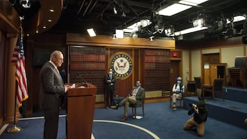 5/12/2020 - Washington, DC USA: United States Senate Minority Leader Chuck Schumer (Democrat of New York) offers remarks during a press conference in the Senate TV Gallery at the US Capitol in Washington, DC., Tuesday, May 12, 2020. (Rod Lamkey / CNP / Co