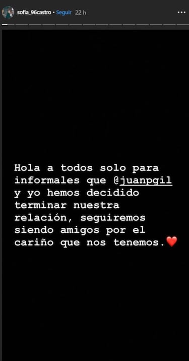 Sofía Castro confirma ruptura sentimental con Juan Pablo Gil