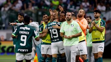 Soccer Football - Brasileiro Championship - Palmeiras v Sao Paulo - Allianz Parque, Sao Paulo, Brazil - October 25, 2023 Palmeiras' Breno Lopes celebrates scoring their first goal with teammates REUTERS/Amanda Perobelli