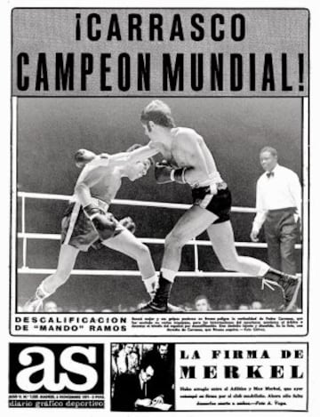 5 de noviembre de 1971 Madrid, España. En una increíble decisión el árbitro descalifica al campeón mundial Mando Ramos y Pedro Carrasco se convierte así en campeón del mundo. La WBC no lo reconoció como campeón y obligó a ambos a volverse a enfrentar.