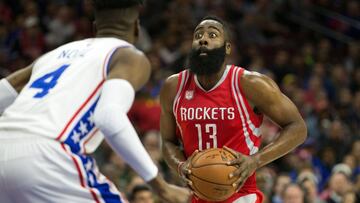 Jan 27, 2017; Philadelphia, PA, USA; Houston Rockets guard James Harden (13) attempts to drive against Philadelphia 76ers forward Nerlens Noel (4) during the first quarter at Wells Fargo Center. Mandatory Credit: Bill Streicher-USA TODAY Sports