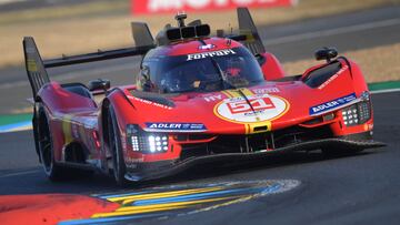 Italian driver Alessandro Pier Guidi steers his Ferrari 499P Hypercar during a practice session prior to the 100th edition of the 24 hours of Le Mans on June 7, 2023. The 100th edition of the 24 hours of Le Mans will start on June 10, 2023. (Photo by JEAN-FRANCOIS MONIER / AFP)