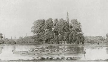 La embarcación de la Universidad de Oxford en el Támesis durante la primera Regata entre los clubes náuticos de Oxford y Cambridge el 10 de junio de 1829. El equipo de Oxford ganó la carrera en un tiempo de 14 minutos y 3 segundos.