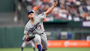SAN FRANCISCO, CALIFORNIA - APRIL 10: Julio Urias #7 of the Los Angeles Dodgers pitches against the San Francisco Giants in the bottom of the first inning at Oracle Park on April 10, 2023 in San Francisco, California.   Thearon W. Henderson/Getty Images/AFP (Photo by Thearon W. Henderson / GETTY IMAGES NORTH AMERICA / Getty Images via AFP)