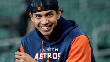 HOUSTON, TEXAS - MAY 23: Mauricio Dubon #14 of the Houston Astros looks on before a game against the Cleveland Guardians at Minute Maid Park on May 23, 2022 in Houston, Texas. Dubon was traded to the Astros on May 14 by the San Francisco Giants.  (Photo by Bob Levey/Getty Images)