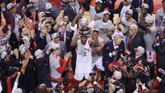 TORONTO, ON- MAY 25  -  Toronto Raptors forward Kawhi Leonard (2) holds up the trophy as the Toronto Raptors play the Milwaukee Bucks in game six of the NBA Eastern Conference Final  in Toronto. May 25, 2019.        (Steve Russell/Toronto Star via Getty Images)