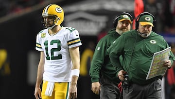 Jan 22, 2017; Atlanta, GA, USA; Green Bay Packers quarterback Aaron Rodgers (12) and head coach Mike McCarthy react during the second quarter in the 2017 NFC Championship Game at the Georgia Dome. Mandatory Credit: John David Mercer-USA TODAY Sports