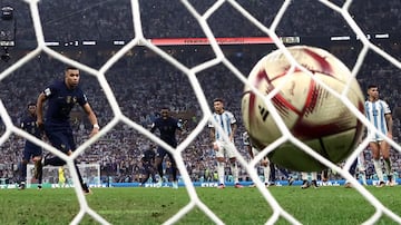 France's Kylian Mbappé scores their third goal from the penalty spot to complete his hat-trick.